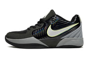 Side view of black Nike Ja 2 shoe with gray and bright accent details