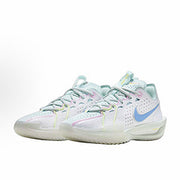 Pair of white Nike basketball sneakers with pale blue and mint detailing.