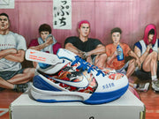 Side view highlighting the multicolor upper, blue-and-white sole, Nike swoosh, and visible Zoom Air text.