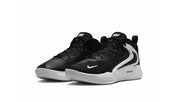 Black and white Nike basketball sneakers shown from a three-quarter angle.