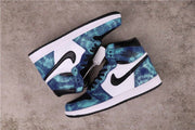 Pair of high-top sneakers shown from the side, featuring blue tie-dye panels, white sides, and black Swooshes.