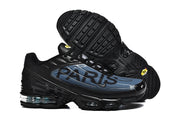 Pair of black and blue Paris sneakers shown from above and below, including the tread.