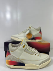 Close side view highlighting the cream upper, textured panels, gradient midsole and visible air window.