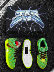 Green Nike sneakers and sole components displayed with a black graphic box.