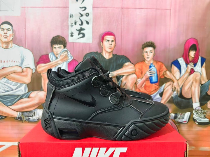 Black Nike high-top basketball sneaker shown from the side on a red shoe box.