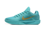 Side profile of an aqua basketball shoe with gold-colored Swoosh and Sabrina branding.