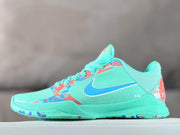 Side view of turquoise Nike Kobe 5 Protro basketball shoes with blue accents and multicolor patterned panels.