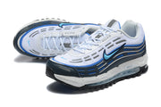 Pair of white, blue, and dark gray Nike Air Max sneakers shown from above and the side.