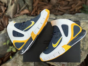 Angled overhead view of Nike Kobe 2K5 shoes with white overlays and navy panels
