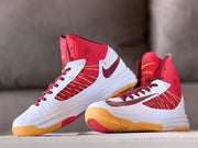 Pair of red and white high-top basketball shoes shown from side and three-quarter angles.