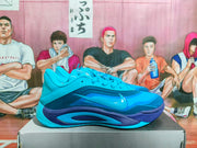 Side profile of a blue Nike sneaker showing the Swoosh, layered panels, and sculpted midsole.