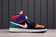 Side profile showing the mid-top shape, orange toe, black quarter panel, white swoosh, blue collar, and green heel.