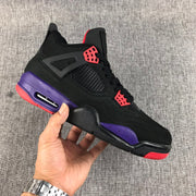 Side profile of the black Jordan Air Jordan 4 sneaker with purple midsole accents, red outsole details, and a visible cushioning window.