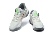 Pair of grey and white Nike basketball shoes shown from the front at an angle