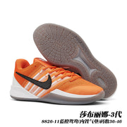 Orange Sabrina 3 basketball shoes with white panels and black Swoosh, shown with the patterned outsole; caption gives style code 8826-11 and sizes 36–46.