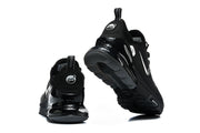 Rear and outsole views of black Nike Air Max 270 Premium sneakers.