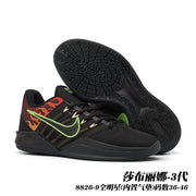 Black Sabrina 3 basketball shoes with orange patterned panels and a bright green Swoosh; caption gives style code 8826-9 and sizes 36–46.