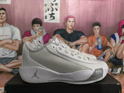 Side view of white and grey Jordan basketball sneakers showing the Jumpman logo and Air Zoom marking.