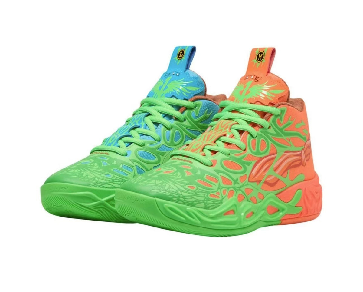 Pair of colorful high-top basketball-style sneakers, with green and blue coloring on the left shoe and green with coral-orange accents on the right shoe.