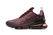 Side view of a burgundy Nike Air Max 270 Premium sneaker with patterned upper and visible heel unit.