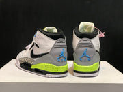 Rear view of the pair showing grey heel panels, blue branding details and neon yellow midsoles.