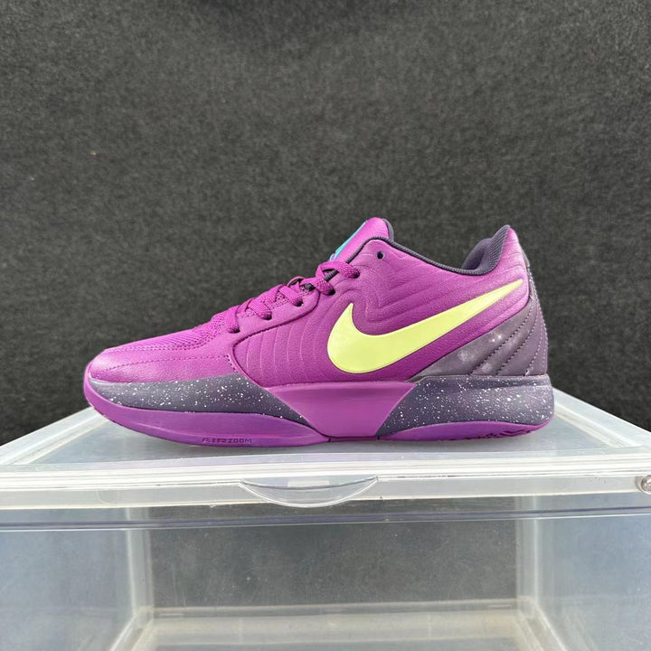Side view of a purple Nike basketball-style sneaker with a bright yellow Swoosh, speckled dark midsole, and AIR ZOOM lettering.