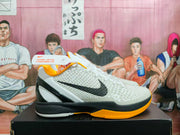 Side view highlighting the black Swoosh, textured white upper, and yellow-orange outsole.