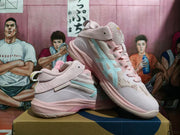 Angled view of the pair of pink ASICS basketball shoes