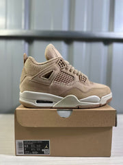 Tan sneaker side profile with a visible shoebox label identifying WMNS AIR JORDAN 4 RETRO, size US Women 8.5, EU 40, and style code HV0823-200.