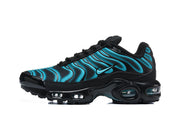 Side view of a black and blue Nike Air Max Plus sneaker.