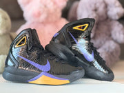 Pair of black, purple, and gold high-top basketball shoes shown from the side