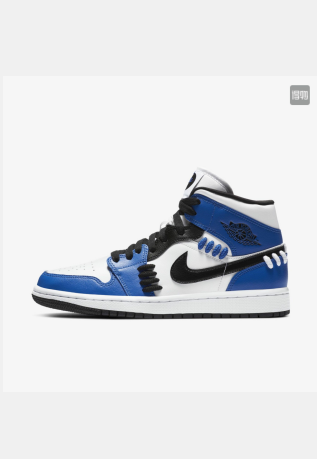 Blue, white, and black Jordan high-top sneaker shown in profile with a contrasting side logo and rubber outsole.