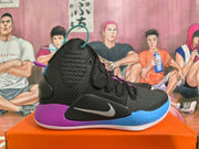 Side view of a black Nike basketball shoe with silver Swoosh and blue and purple accents.