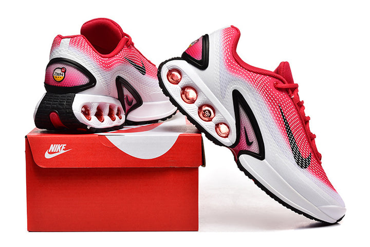 Red, white and black Nike Air Max sneakers displayed with a red shoebox