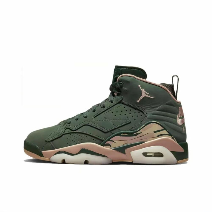 Dark green Jordan high-top sneaker with beige and pink-toned accents, perforated side panels, Jumpman branding, and a contrasting outsole.
