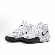 Pair of white and black Nike basketball sneakers with black Swooshes and dark outsoles.
