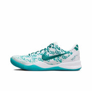 White Kobe 8 sneaker with teal numerals, teal Swoosh and teal outsole.