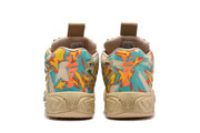 Rear view showing the colorful patterned heel panels, padded collars and beige midsoles.