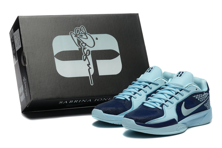 Light blue and navy Nike Sabrina 2 shoes displayed with a Sabrina Jones box.