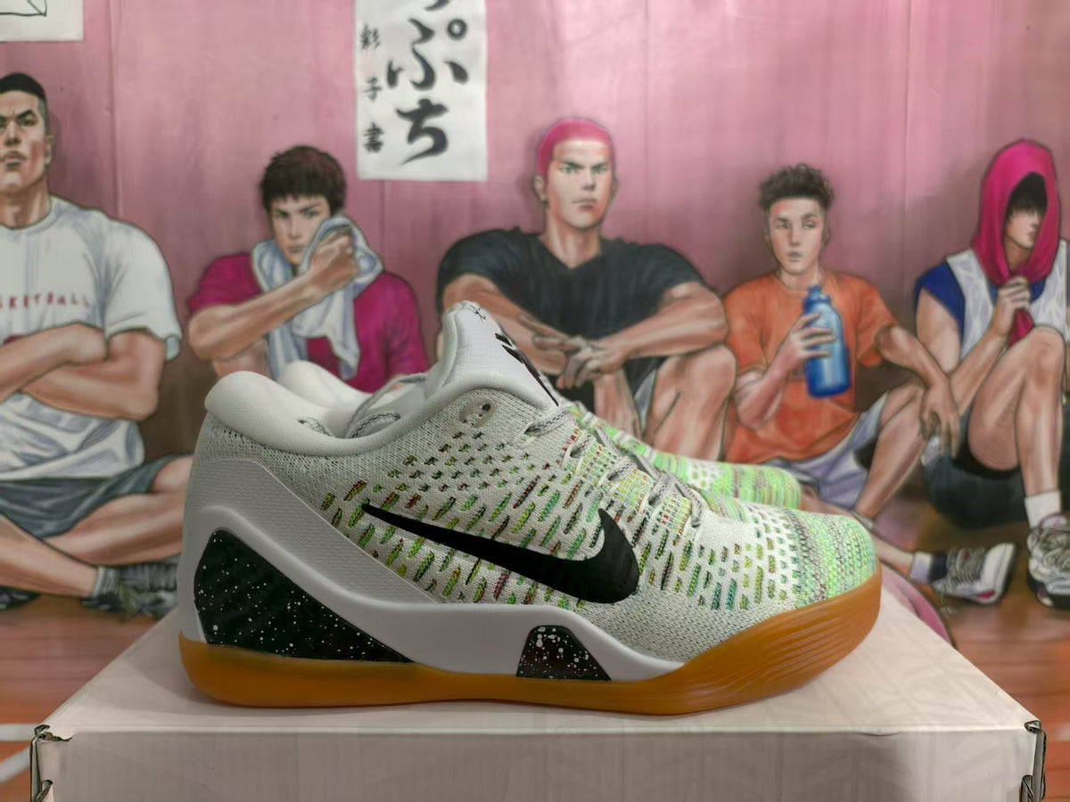 Side view of Nike Kobe basketball shoes with a pine green and white patterned upper, black Swoosh, speckled panels, and gum-colored outsole.