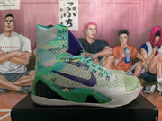 Side view of a high-top basketball shoe with green and purple accents