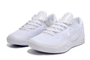 Pair of all-white Kobe 8 basketball sneakers with white swooshes and matching soles.