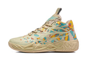 Side profile showing the high-top silhouette, layered beige overlays and colorful patterned upper.