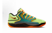 Nike KD18 sneaker in yellow-green, teal, and orange with a dark speckled midsole; caption lists sizes 39-46.