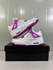 Pair of white and Hyper Violet Air Jordan 4 Retro sneakers shown from angled side views.
