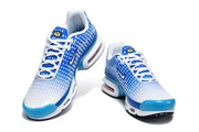 Pair of blue and white Nike Air Max Plus VII sneakers in a front view