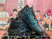 Angled view of two black Puma sneakers highlighting the blue graphic panels, purple heel artwork, and textured black outsole.