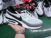 White, grey and black Nike-branded sneaker shown among other shoes; red overlay reads 36–50 available sizes.