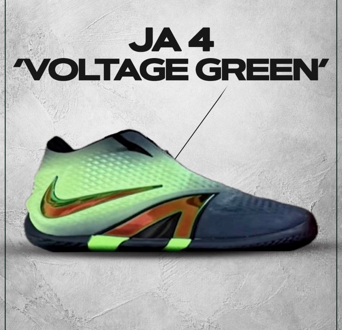 Side profile of a Nike Ja 4 sneaker in Voltage Green with dark navy panels, orange accents, a visible Swoosh, and a sculpted outsole.