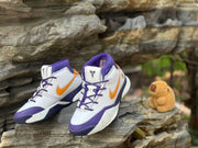 Pair of white, purple and orange high-top basketball shoes shown from a front three-quarter angle.